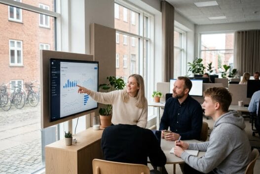 Dansk webbureau i stenvad med team ved computer og digitale analyser i et moderne kontor