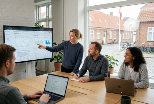 Moderne webbureau i stepping med dansk team, der arbejder med digitale løsninger ved computer og dashboards
