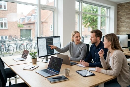 Team arbejder med digital strategi på kontor i stevning med skærme og naturligt lys