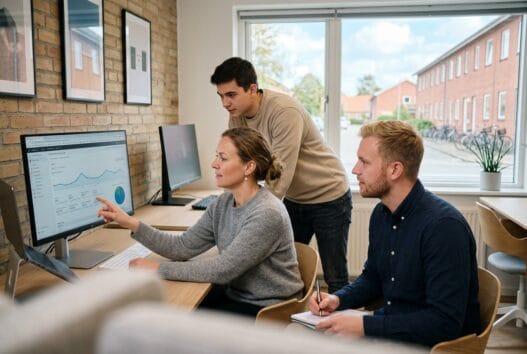 Moderne webbureau i Stevnstrup med skandinavisk team ved computer og digitale dashboards