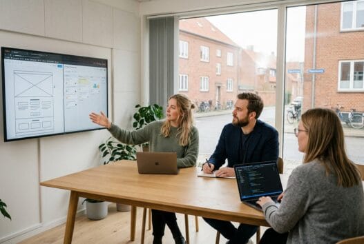 Skandinavisk webbureau i stige med team ved computer og dashboards i moderne kontor