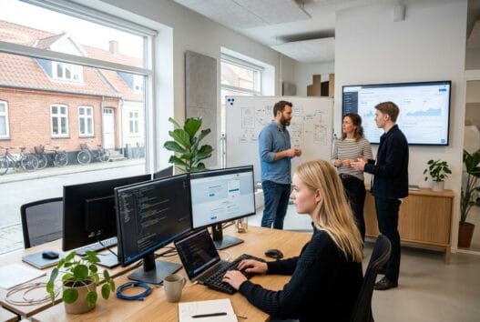 Skandinavisk webbureau i stigs bjergby med team ved computerskærme og digitale dashboards