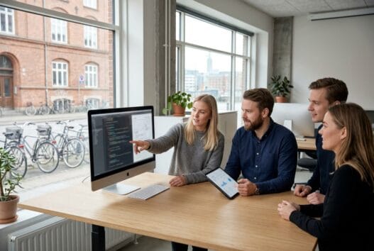 Dansk webbureau i stilling med team foran skærme, der arbejder med design, SEO og digital udvikling