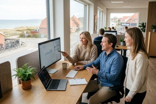 Skandinavisk team arbejder med digital strategi på kontor i stillinge strand