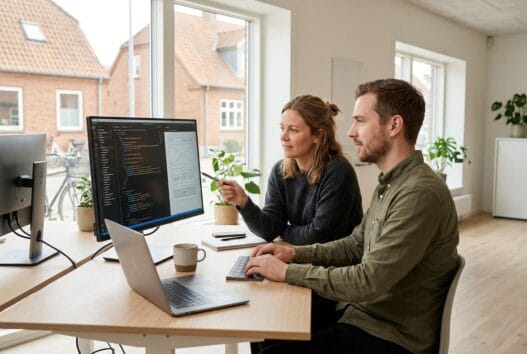 Moderne webbureau i stjær med dansk team ved computer og dashboards i lyst kontormiljø
