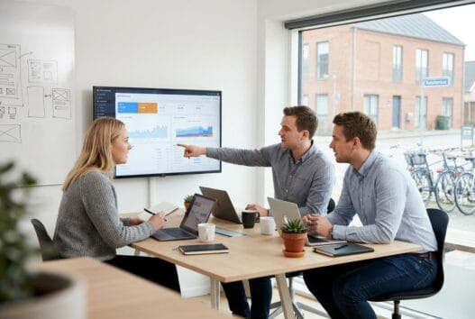Moderne dansk webbureau i Støvring (8930) med team ved computer og digitale dashboards