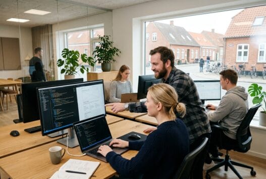 Moderne webbureau i støvring (9530) med dansk team, der arbejder ved computer i lyst kontormiljø