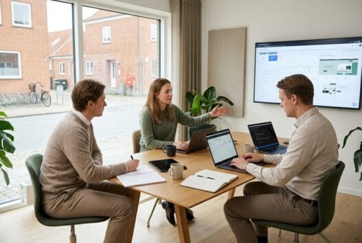 Skandinavisk webbureau i Stoholm med team ved computer og digitale dashboards