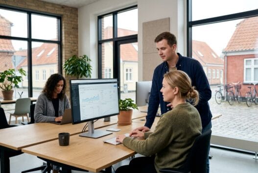 Moderne webbureau i Stokkemarke med dansk team foran skærme og dashboards