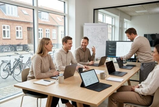 Moderne webbureau i Store Andst med team ved computer og digitale dashboards
