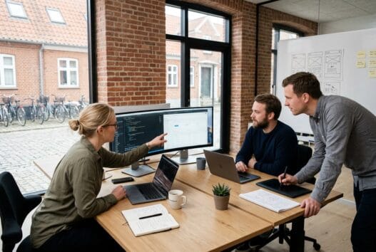 Team i moderne kontor med dashboards og laptop i store brøndum