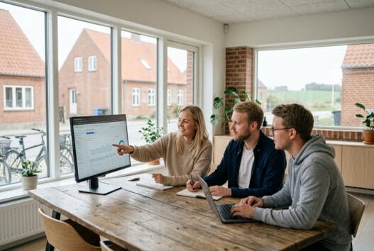 Dansk webbureau med team ved computer i store damme, moderne digitalt arbejde i lyst kontormiljø