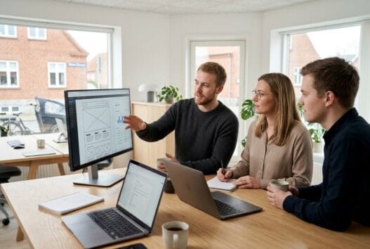 Dansk team arbejder med webdesign og digitale analyser i et moderne kontor i store darum