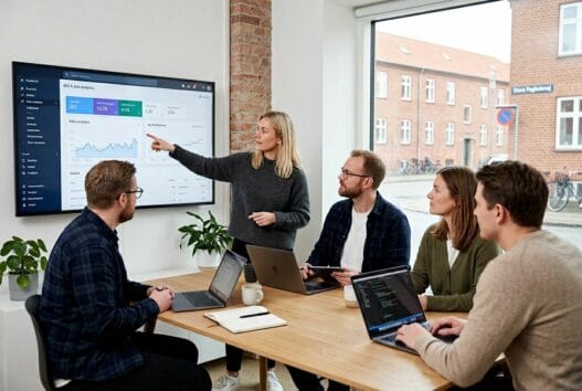 Moderne webbureau i Store Fuglede med dansk team foran skærme og digitale dashboards