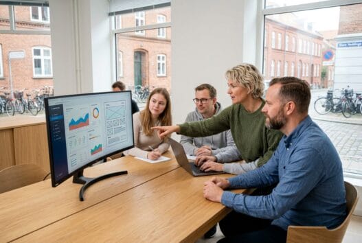Dansk webbureau i Store Heddinge med team ved computer og digitale dashboards