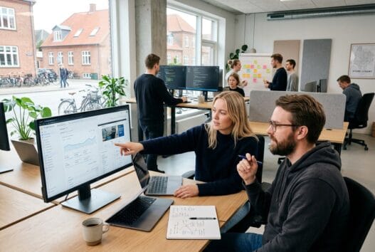 Moderne webbureau i Store Lyngby med dansk team, computerarbejde og digitale dashboards