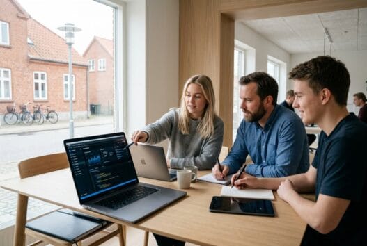 Moderne webbureau i Store Merløse med dansk team ved computer og dashboards