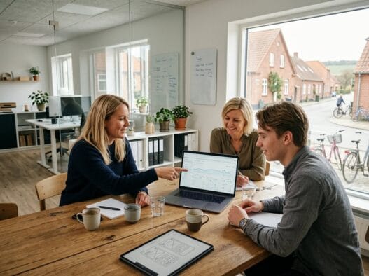 Skandinavisk team arbejder med webdesign og dashboards på kontor i Store Rørbæk