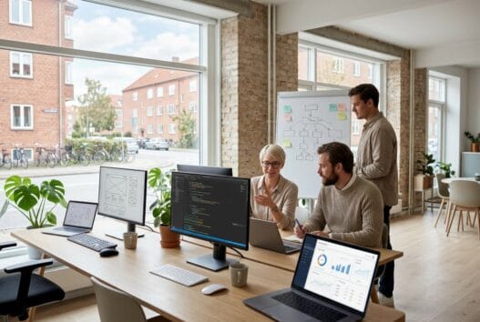 Moderne dansk webbureau i store valby med team ved computer og digitale dashboards
