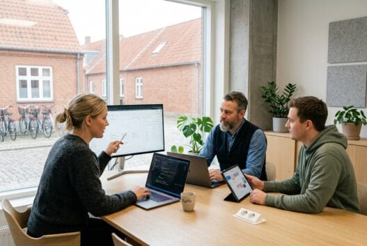 Moderne webbureau i storvorde med skandinavisk team, der arbejder ved computer og digitale dashboards