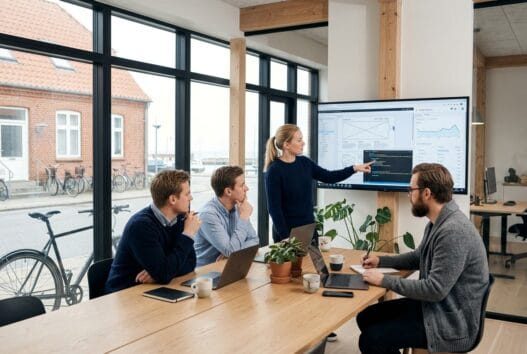 Moderne webbureau i strandby med dansk team foran computer og dashboards i lyst kontormiljø