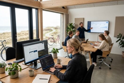 Skandinavisk webteam arbejder ved computerskærme i strandhuse med fokus på digital udvikling