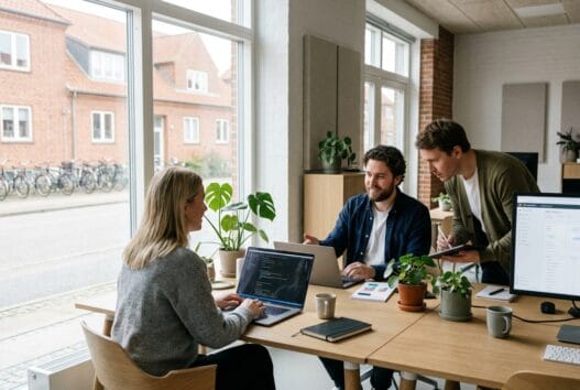 Moderne webbureau i strib med dansk team foran skærme, der arbejder med webdesign og digital markedsføring