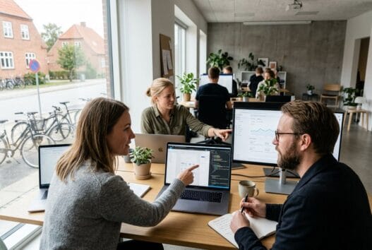 Dansk webbureau i Strøby Egede med team ved computer og dashboards i moderne kontor