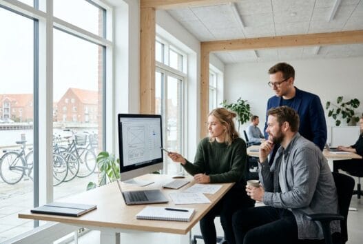 Dansk webbureau i Struer med team ved computer og dashboards i moderne kontormiljø