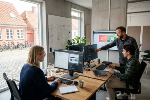 Moderne webbureau i Stubbekøbing med danske medarbejdere foran dashboard og kode på skærmen