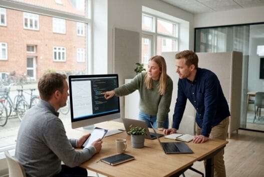 Moderne webbureau i stubberup med team ved computere og digitale dashboards