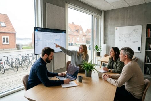 Moderne webbureau i Studstrup med dansk team ved computer og digitale dashboards