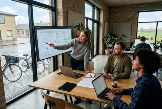 Realistisk dansk webbureau i styding med team, der arbejder med digitale løsninger ved computer