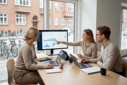 Realistisk webbureau-team i Suldrup arbejder med laptop, data og digital strategi på moderne kontor