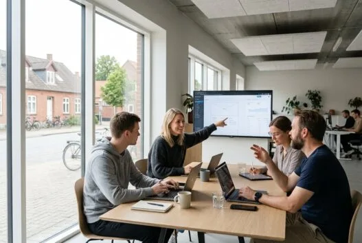 Moderne webbureau i Sulsted med dansk team, der arbejder med digitale løsninger ved computere