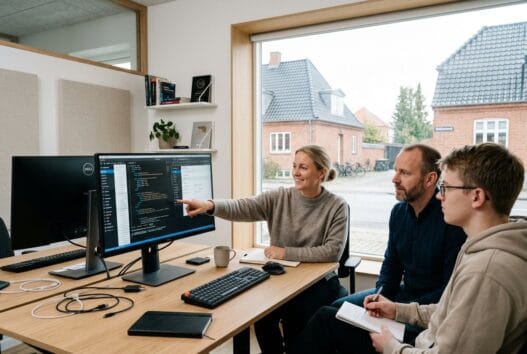 Dansk webbureau i sundby (7752) med team ved computer og digitale dashboards