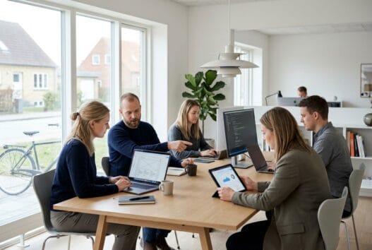 Skandinavisk team arbejder med webdesign og data i et moderne kontor i sunds