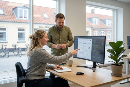 Moderne webbureau i svallerup med dansk team ved computer og digitale dashboards