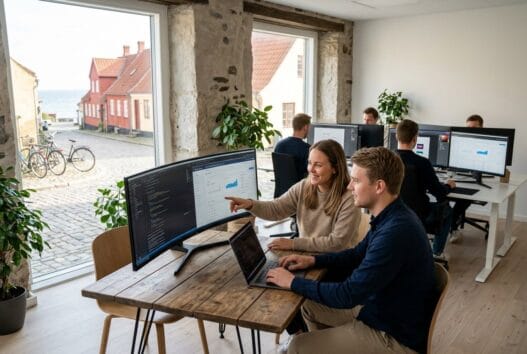 Dansk webbureau i Svaneke med team ved computer og digitale dashboards