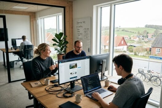 Moderne webbureau i svanninge med dansk team, der arbejder med digitale løsninger ved computer og dashboards