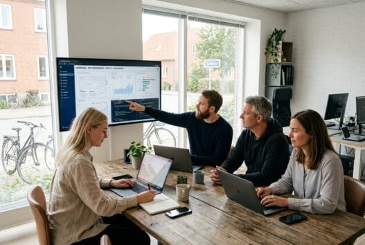 Skandinavisk webbureau i Svebølle med team ved computere og digitale dashboards i naturligt lys