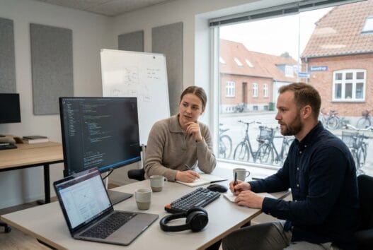 Dansk webudvikler arbejder ved computer i svenstrup (8450) i moderne kontormiljø
