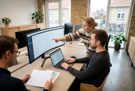 Moderne webbureau i svenstrup (9230) med dansk team foran skærme og digitale dashboards