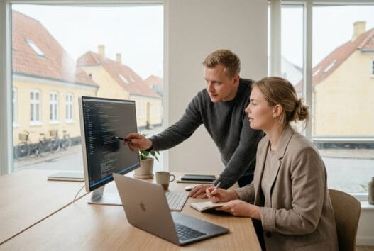 Dansk webbureau i Svindinge med team ved computer i moderne kontormiljø