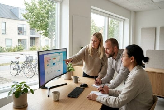 Dansk webteam arbejder ved computere i Systofte Skovby med fokus på digitalt design og SEO