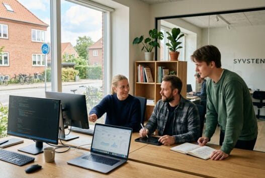 Dansk webbureau i syvsten med team ved computere og digitale dashboards i moderne kontormiljø