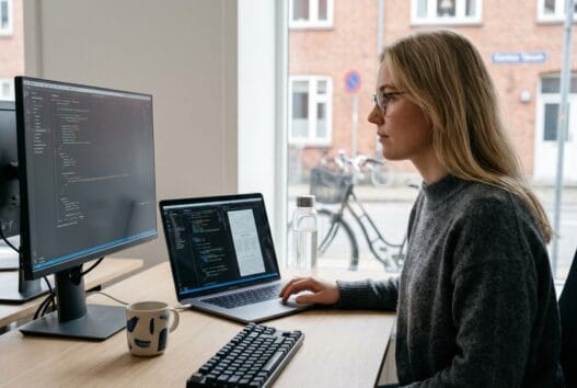 Moderne webbureau i tånum med team foran dashboards og kreativt arbejde ved computer
