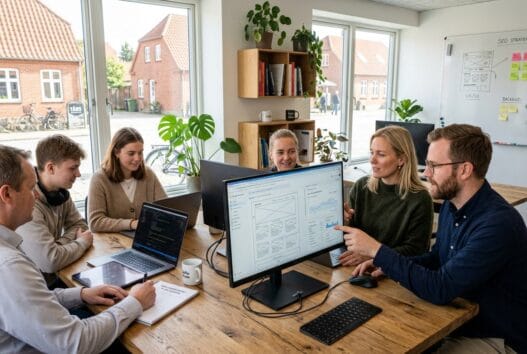 Dansk webbureau i Tårs med team ved computer og digitale dashboards i moderne kontor
