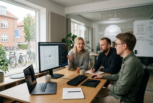 Moderne webbureau i tårup med dansk team ved computer og digitale dashboards