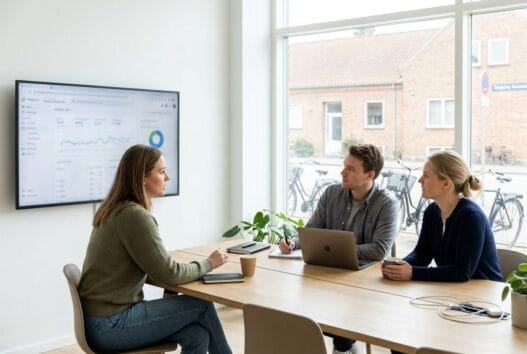 Dansk webbureau i Tangbjerg med team, der arbejder med digital strategi og design i moderne kontormiljø